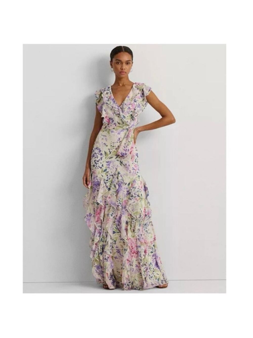 Lauren Ralph Lauren Pastel Floral Ruffle Wrap Maxi Dress